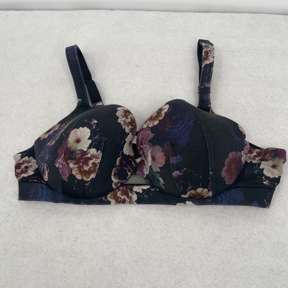 Cacique‎ Bra 44C    Lightly Lined Plunge Dark Floral Underwire Black Purple Pink